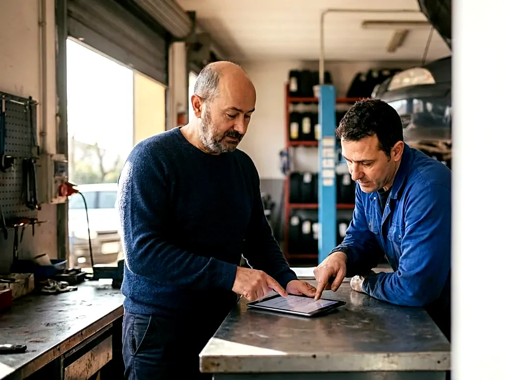 Simone Cirone in officina mostra al meccanico il gestionale sul tablet