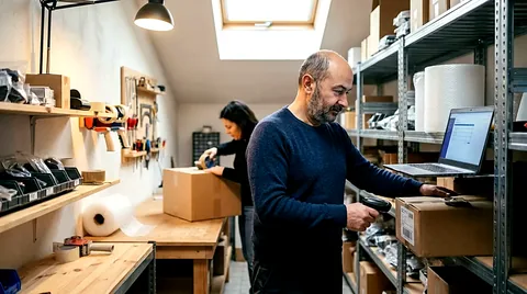 Simone Cirone in un magazzino e-commerce con il lettore di codici